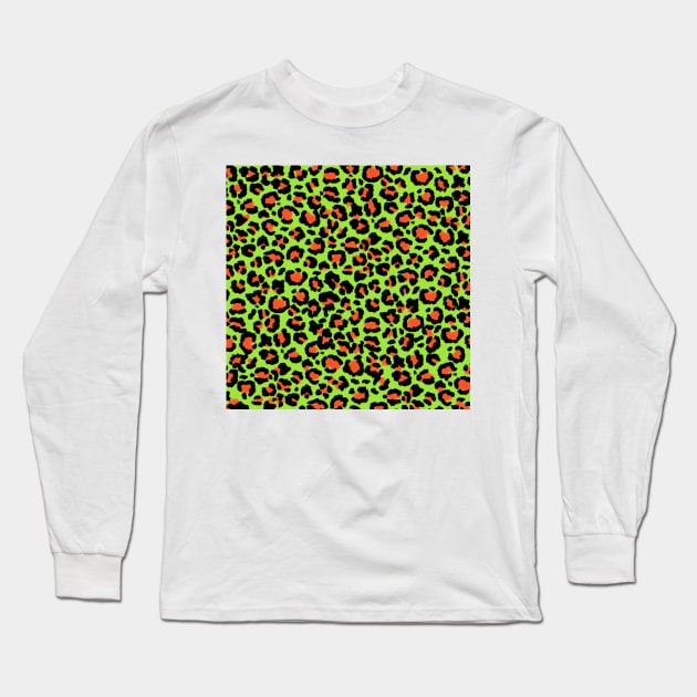 Leopard Pattern in Papaya on Lime Green Long Sleeve T-Shirt by ButterflyInTheAttic